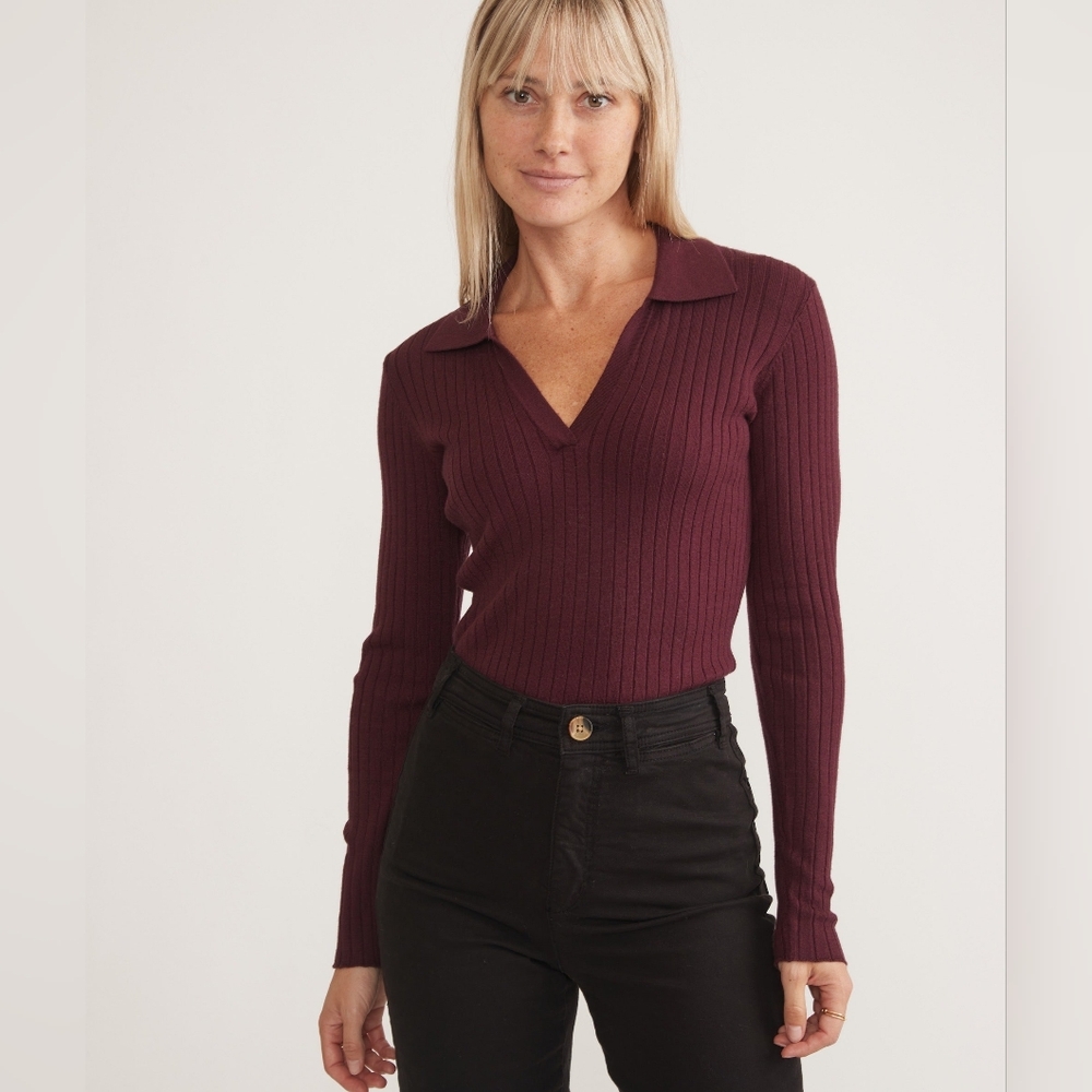 Marine Layer Deserae Knit Ribbed Polo Sweater In Black Size Medium